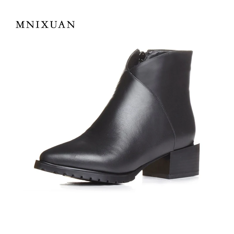 

Genuine leather women boots 2017 winter solid ladies shoes pointed toe short chelsea boots medium thick heels big size 41 42 43