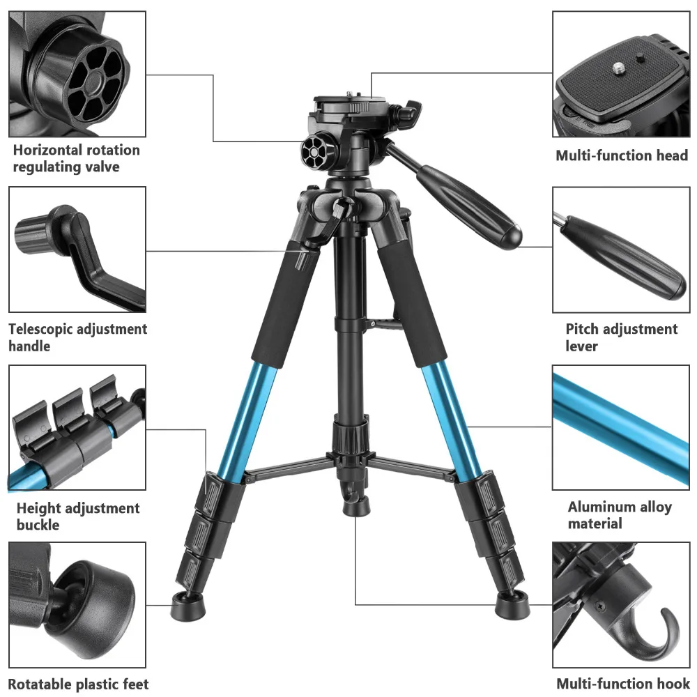 Neewer синий 56 дюймов/142 см Алюминий Камера штатив 3-ходовой поворотный полукруглой потайной головкой+ сумка для Canon/nikonload до 8,8 кг/4 кг