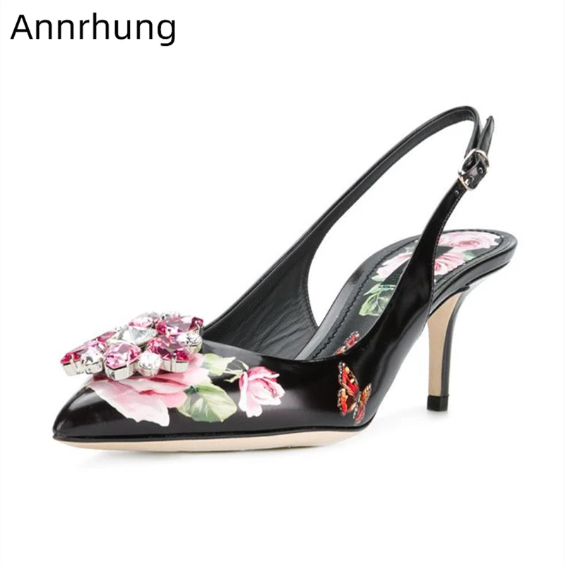

Rose Printed Wedding Shoes Woman Crystal Flower Decor Sandals Pointed Toe Slingbacks Kitten Heel Party Shoes Elegant Sandals