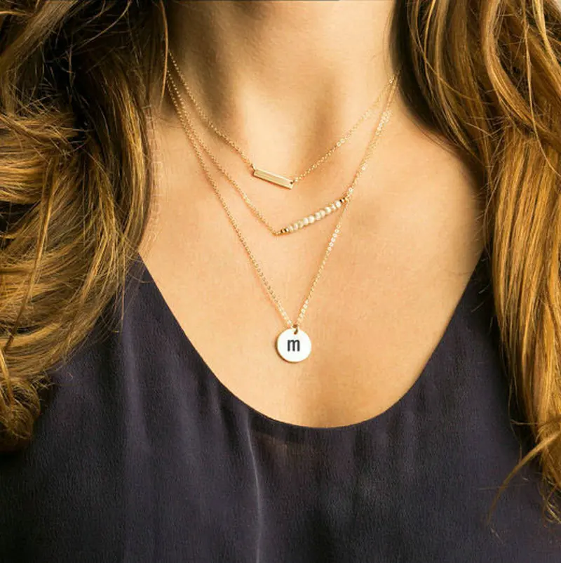 Fashion name necklaces for women multi layer initial disc necklace gold
