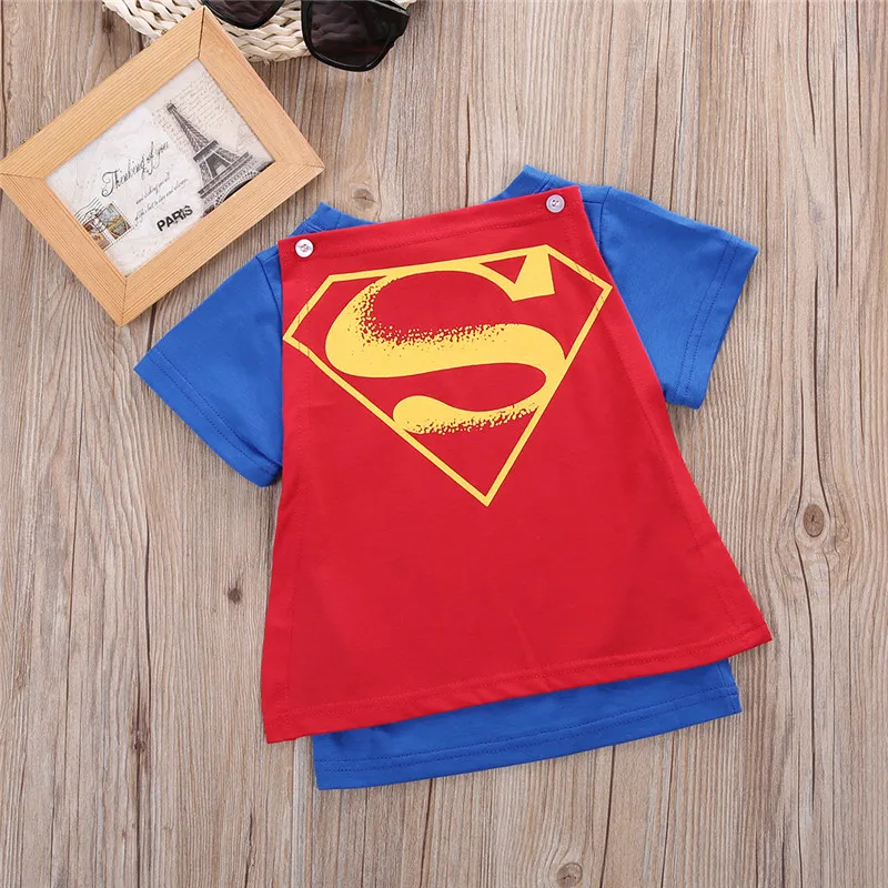 Летняя футболка с суперменом для маленьких мальчиков; Детский костюм с короткими рукавами; топы