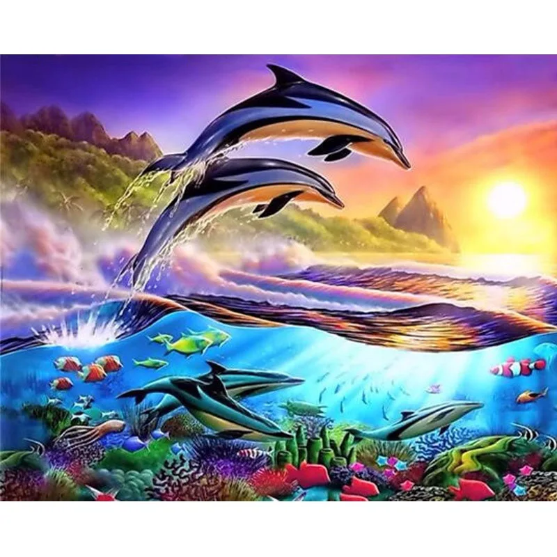 5D DIY Diamond Painting Dolphin Crystal Diamond Painting Cross Stitch The Underwater World Needlework Home Decorative