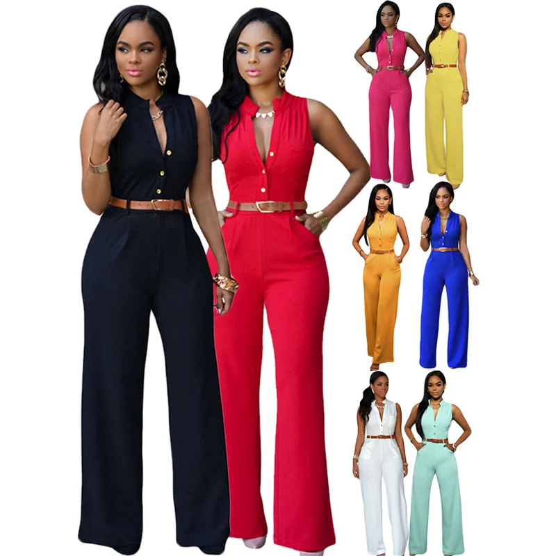 

Summer Newest Sleeveless Belt Fashion Women Jumpsuit High Waist Wide Leg Rompers Office Ladies Workwear Bodycon Playsuits