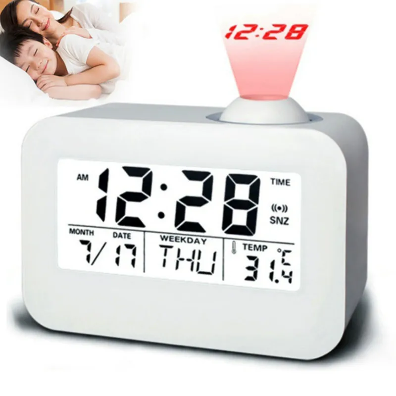 

Modern LED Digital Projector Alarm Clock Night Wall Radio Watch luminova Calendars Temperature Display Snooze Table Desk Clock
