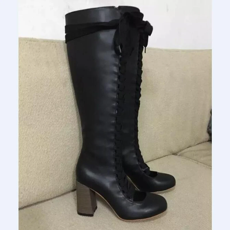 

2017 New Arrival Promotion Round Toe High Heel Botas Mujer Cut-outs Lace Up Knee Boots Fashion Autumn Winter Dress Shoes Women