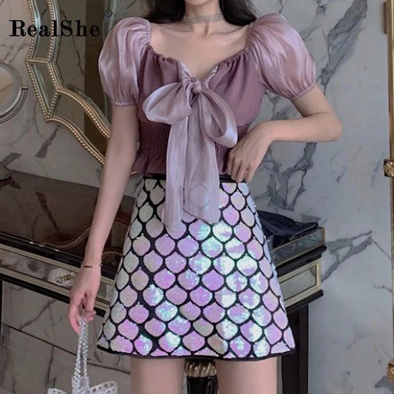 RealShe 2019 Women Shirts Female V-Neck Short Sleeve Bow Solid Mesh Blouse And Shirts Ladie Summer Casual Shirt And Tops