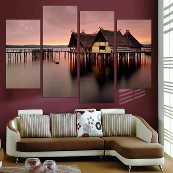 

Wall Art Canvas Painting Old Small Houses On River Shore Modular Picture Top-Rated 4 Panel For Living Room Decoration
