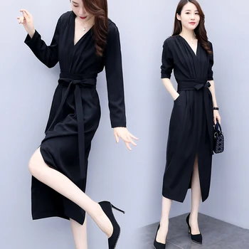 

Spring Autumn New V-neck Split Midi Dress Vestido De Festa Fashion Women's Dresses Ukraine Ol Dress Elegant Robes Femme