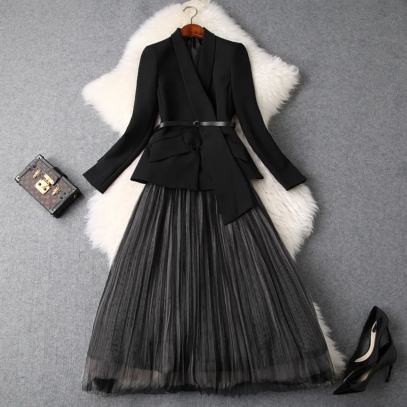 

2019 Autumn Winter Women OL Elegant Skirts Set Shawl Collar Black Blazer + Pleated Mesh Long Skirt 2 Pieces Set Outfits Jc3011