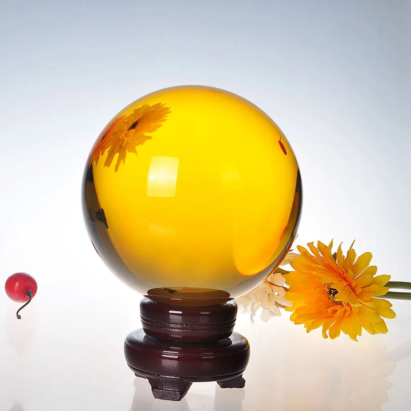 200mm Yellow Crystal Ball Feng shui Magic Glass Ball with wooden base