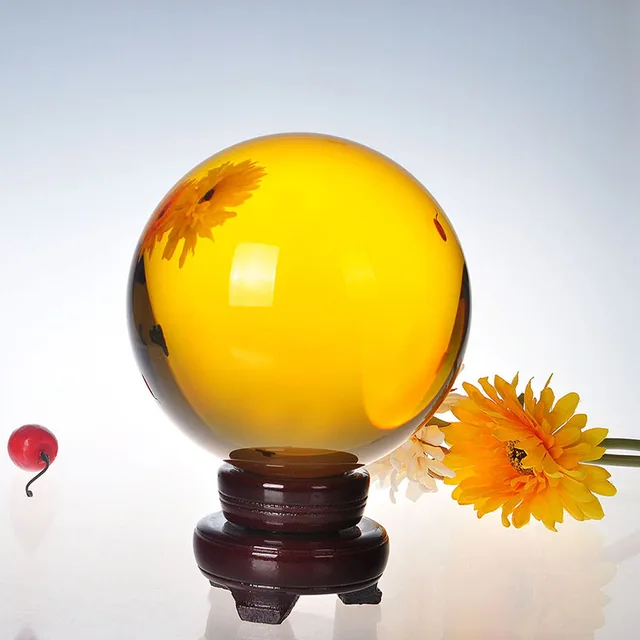 200mm yellow crystal ball feng shui magic glass ball with wooden yellow ornaments