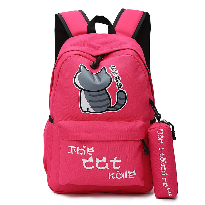 Милые школьные сумки с котом для подростков, рюкзак для девочек-подростков, женский розовый нейлоновый однотонный рюкзак для школьников, школьный рюкзак, большой - Цвет: Красный