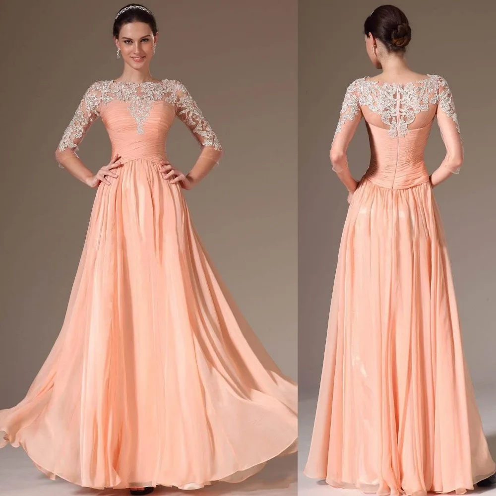 

Fashionable A Line Boat Neck with 3/4 Sleeves Chiffon Long Evening Dress Lace See Through 2015 Peach Party Dress Women Dresses