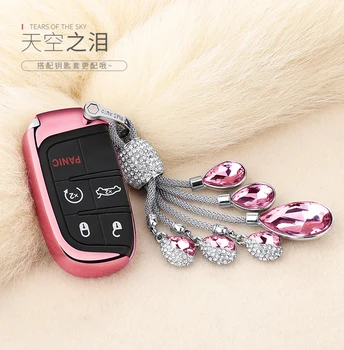 

2019 TPU Car Key Case Auto Key Protection Cover For Jeep Challenger SRT Demon COOV Tears of the Sky Artificial Crystal Pendant