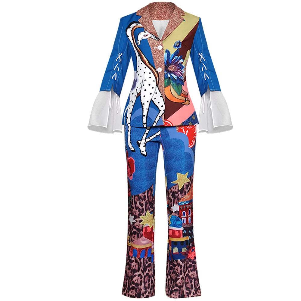 

Red RoosaRosee Runway Designer Suits Women Bandage Patchwork Sleeve Cartoon Print Blazer + Pencil Trousers Two Piece Set Twinset