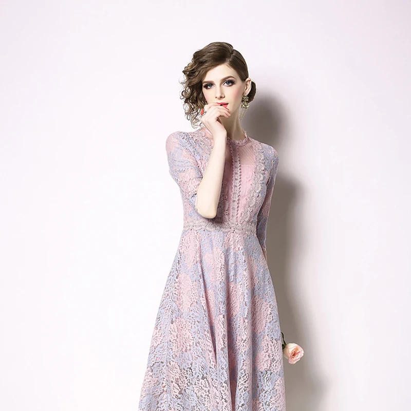 New Elegant Women Lace Party Dress Summer Dress Seeet Women Dress Temperament Pink Short Dress