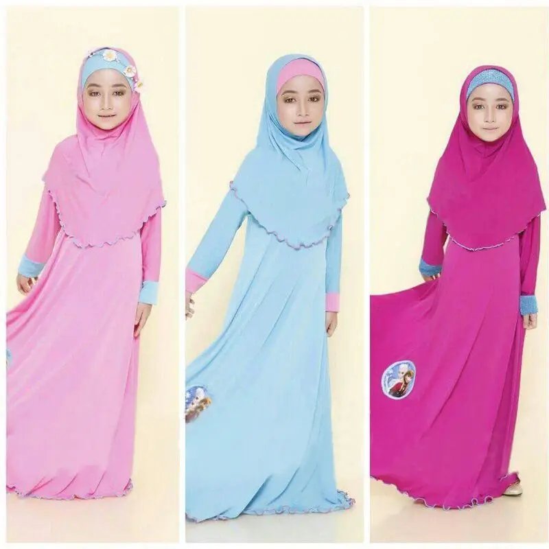 

2015 summer new arrival girls clothing set 2 pcs of Muslim islamic nation dress+scarf suits fulla kids clothes for age 7-12T