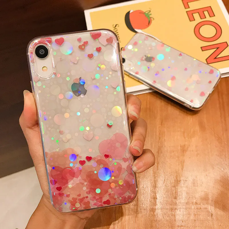 

Boucho Colorful Glitter Heart-shaped Phone Case For iphone XS MAX XR X Cases Fashion Soft Cover For iphone 7 8 6 6s plus Case