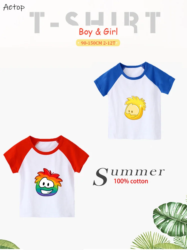 Kids Fashion New Club Penguin Rainbow Puffle T Shirt children Pure Cotton Game Short Sleeve t shirt The Cake print T-shirt | Мать и