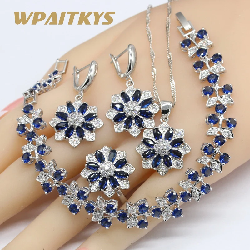 

Flower Shape Blue 925 Sterling Silver Jewelry Sets For Women Bracelet Earrings Necklace Pendant Rings Free Gift Box