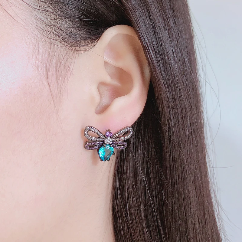 Новые черные медные Зеленые Синие кубические циркония изысканные серьги-гвоздики с бантом для женщин модные милые девушки простые элегантные женские серьги