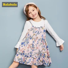 Balabala/комплект одежды из 2 предметов для девочек, одежда для детей, длинная белая футболка с расклешенными рукавами+ подтяжки с цветочным принтом, платья для маленьких девочек