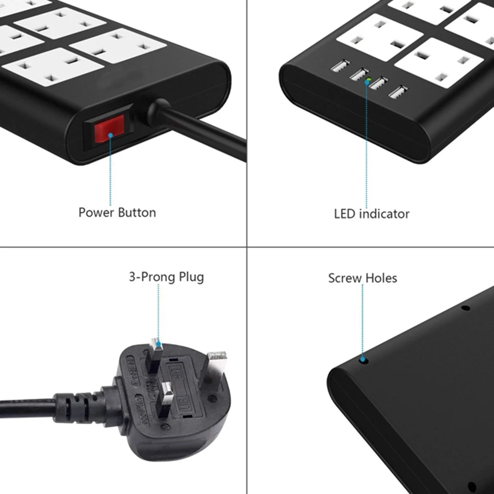 Плоский удлинитель на 6 розеток переменного тока Великобритания розетка с USB