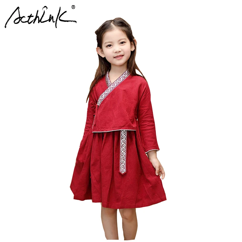 ActhInK/Новинка года; летнее китайское платье с длинными рукавами в этническом стиле для девочек; красная одежда Hanfu; Летнее льняное платье для девочек