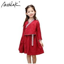 ActhInK/Новинка года; летнее китайское платье с длинными рукавами в этническом стиле для девочек; красная одежда Hanfu; Летнее льняное платье для девочек