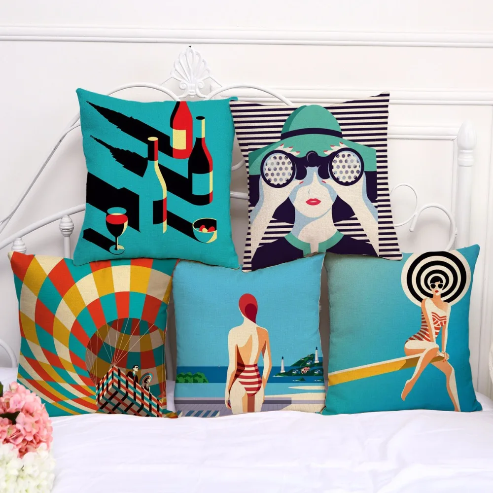 

Seaside holiday cotton hemp printing pillow hot air balloon beauty sofa cushions car lumbar cushions sets