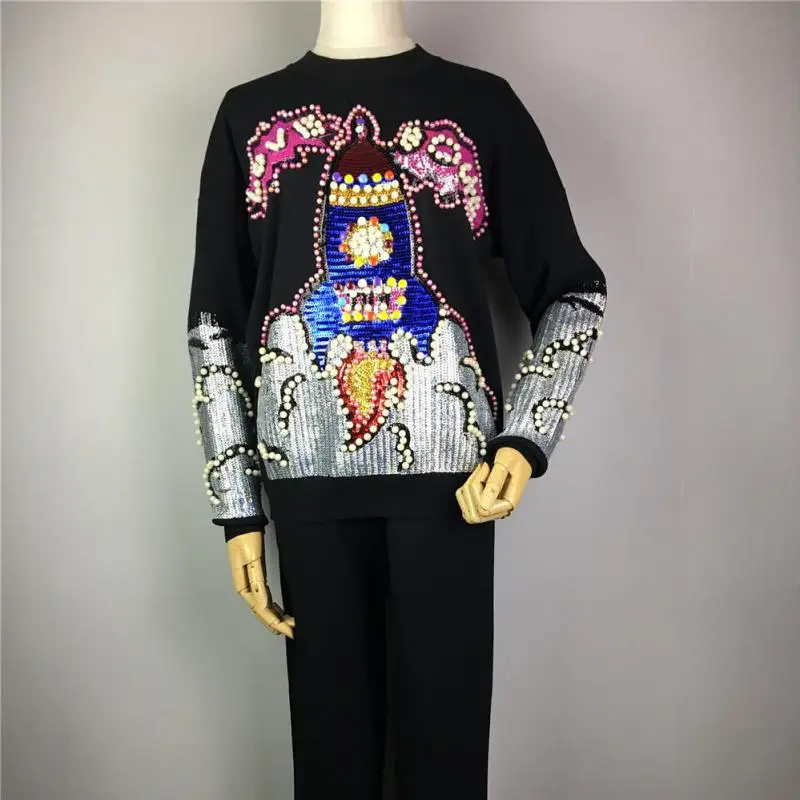 

Europe Station Autumn Winter New Sequins Beaded Harajuku Women Two-piece High Quality Loose Knit Suit British Style Women's Suit