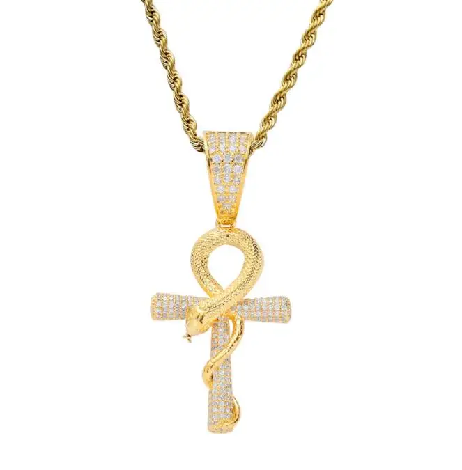 Men Hip hop iced out Egypt Ankh cross with snake pendant necklaces AAA Zircon male fashion pendants necklace Hiphop jewelry - Metal Color: Gold-color