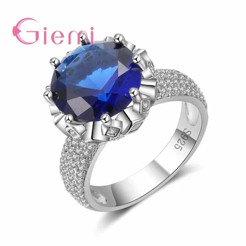 

New Fashion Unique Round Crystal Ring Big Blue Zircon Women Fashion 925 Sterling Silver Rings Jewelry for Women Party
