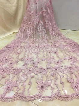 

Free shipping (5yards/pc) embroidered lilac color African French net lace fabric with beads and sequins for party dress Pink(4