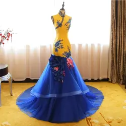 Желтые Длинные вечернее платье традиционные китайское платье Cheongsam Китай Свадебные платья халат chinoise Vestido Oriental Qipao повязки