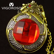 VIGOROSO Antique Steampunk Luxury Red Ruby 3D Gragon Gold Steel Mechanical FOB&Pocket Watches Vintage Hand Winding Pocket Watch