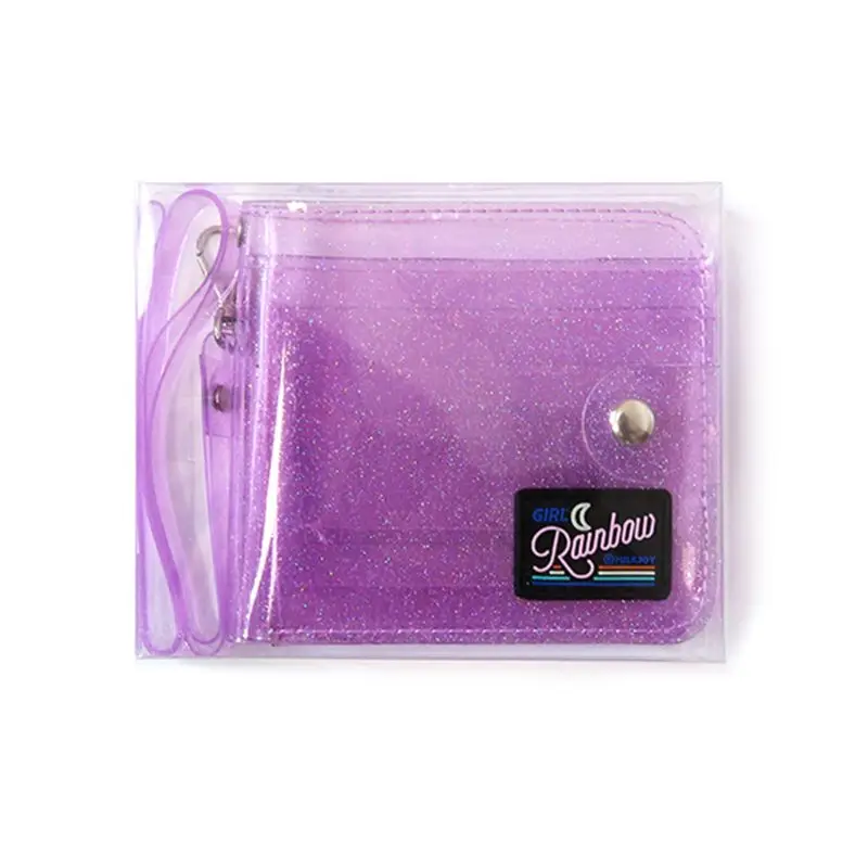 

Transparent ID Card Holder PVC Folding Short Wallet Fashion WoMan Girl Glitter Business Cards Case with Lanyard