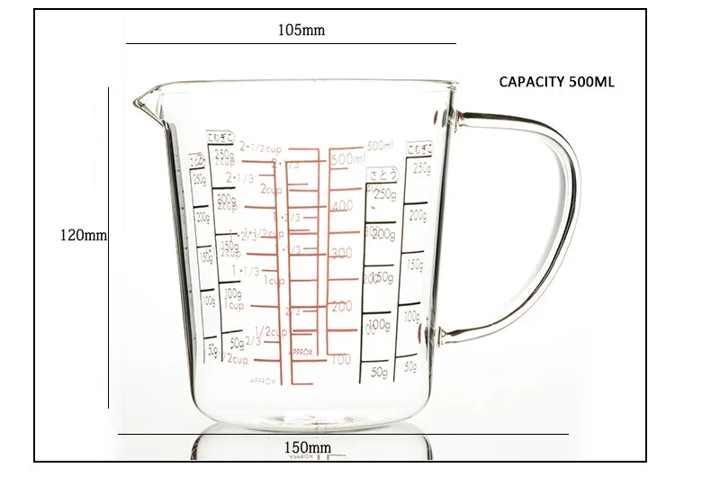 500 мл 1-Cup стеклянная мерная чашка Ovenproof стеклянная чаша для теста Прозрачная с красными измерениями для выпечки и приготовления пищи