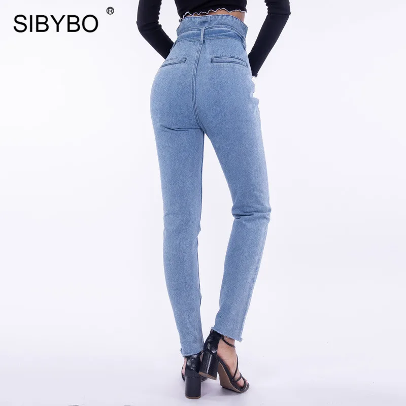 Sibybo пояс Высокая талия хлопок джинсовые брюки для женщин Мода молнии карманы осенние брюки-карандаш женские повседневные брюки зима