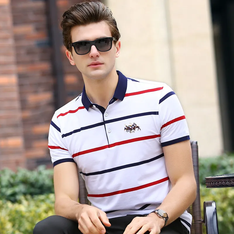 2018 Summer polo shirt men cotton business casual short sleeve striped ...