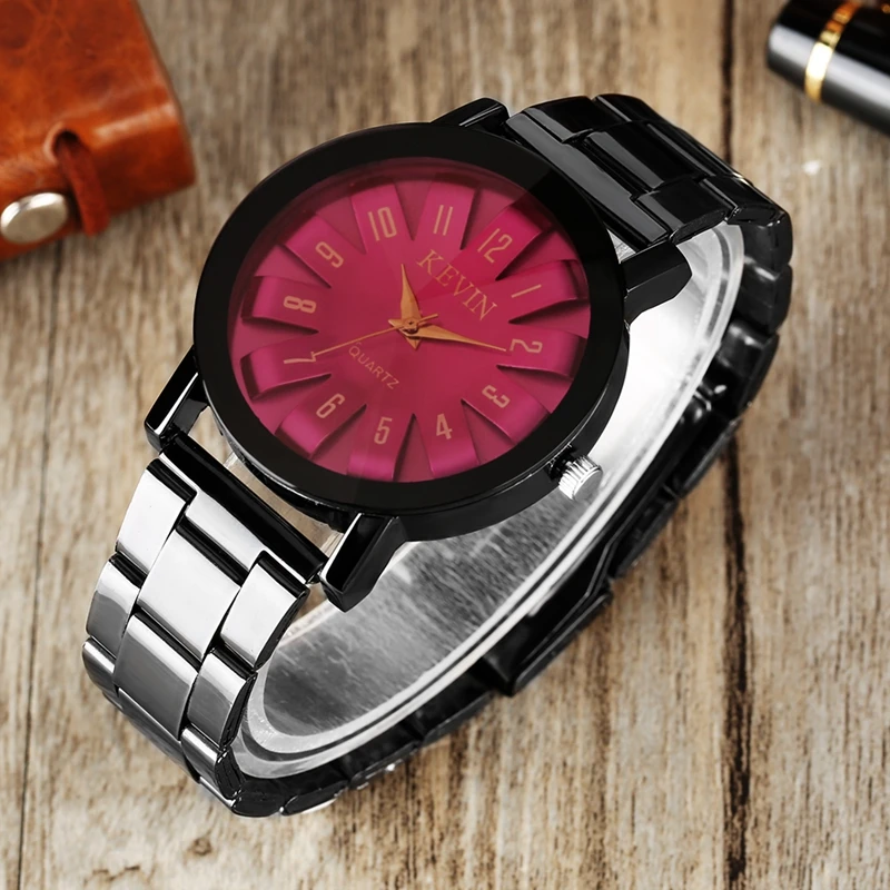 Черный Сталь часы Для мужчин Кевин бренд Повседневное Японии кварцевые часы мужские и женские Фиолетовый Красный Кристалл часов часы