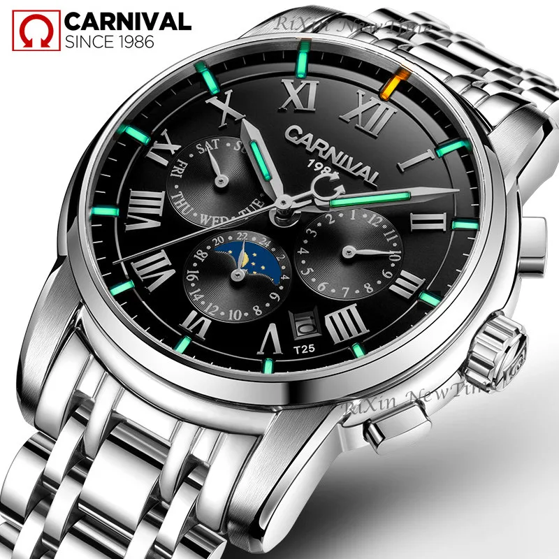 Online Marca de lujo Tritium T25 reloj militar luminoso para hombre, fase lunar, relojes mecánicos automáticos, reloj impermeable de acero completo, uhren montre