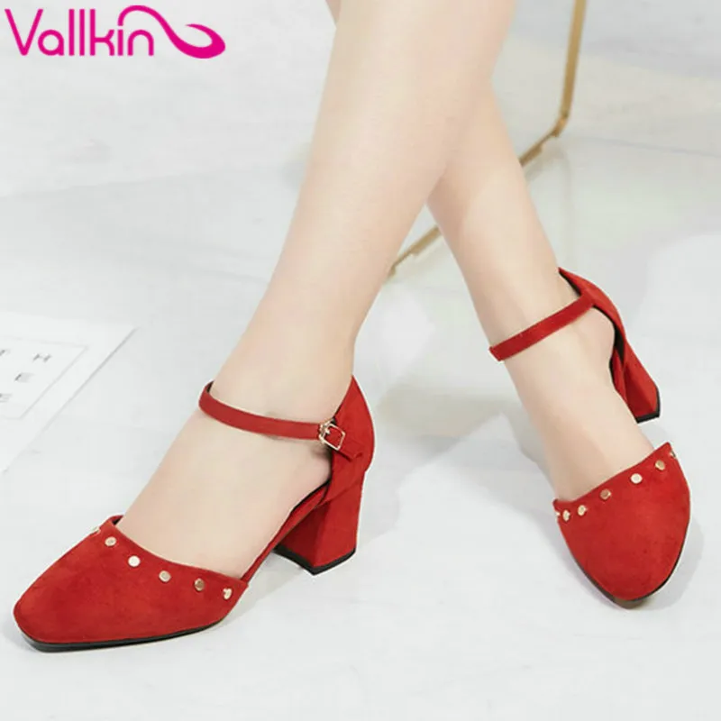 

VALLKIN 2017 Two-piece  Round Toe Buckle Strap Women Pumps Fashion Rivets PU Solid Square Med Heel Pumps Ladies Shoes Size 34-40