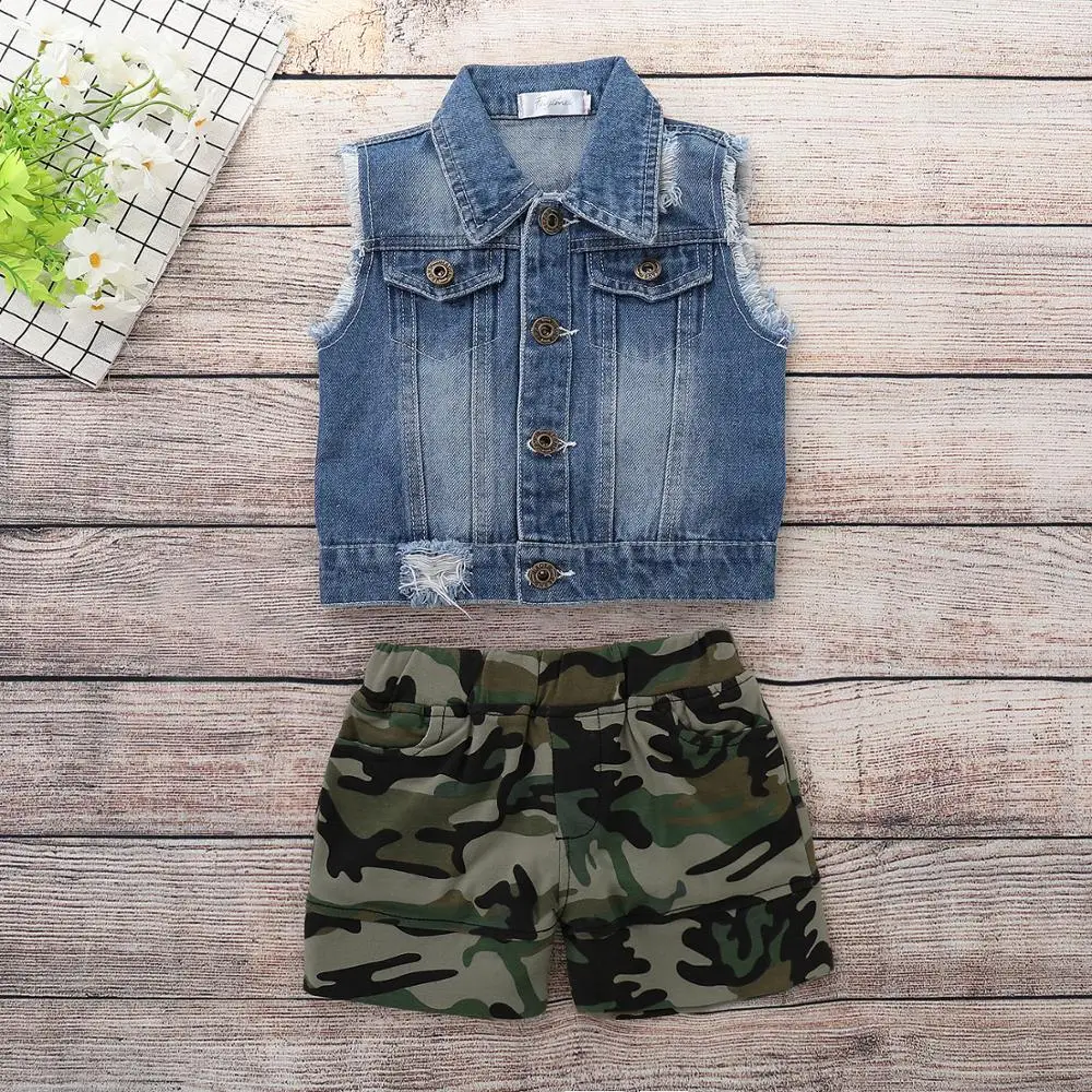 

Cukoe Baby Girls Suits Denim T-Shirt+Camouflage Pants 2PCS Clothing Sets for 1-5Years Children Kids Summer 2019 Clothes