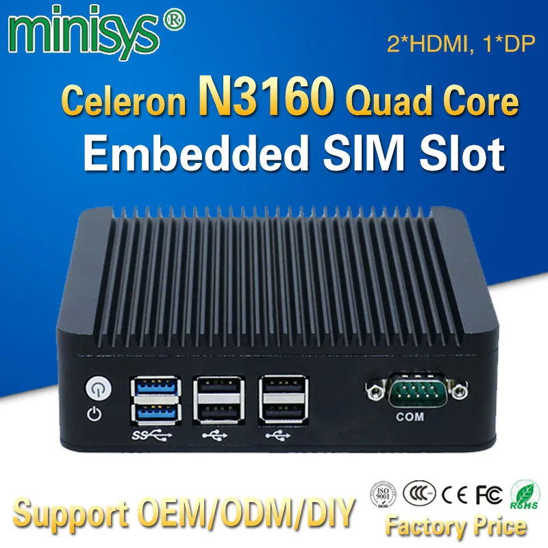 В наличии мини-ПК с Intel celeron N3160 quad core 1,6 GHz dual lan 2 * HDMI 1*6 DP * USB X86 одноплатный компьютер для офиса