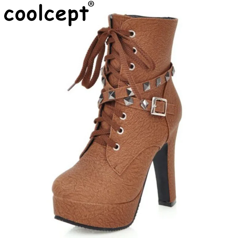 

Coolcept Women High Heel Boots Cross Lace-Up Square Heel Ankle Boots Platform Shoes Zipper Rivets Shoes Women Size 30-50