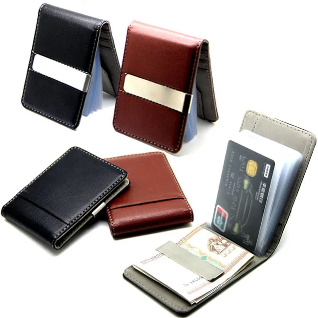  Fashion 2Colors Black Brwon Men Slim Money Clip Leather Billfold Stainless Steel Clips Luxury Men Wallets 15 Card slot 