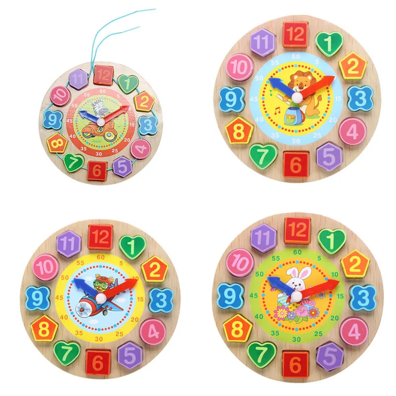 

Kids Wooden Puzzle Toys Cognitive Digital Clock Digital Wooden Watch Jigsaw Toys Cartoon Animal Threading Assembly Toys