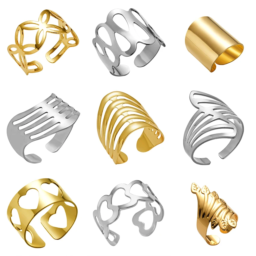 

Simple Fashion Love Leaf Flower Opening Cuff Rings Carved Wide Irregular Ring for Men Women Engagement Party Gift Accessories