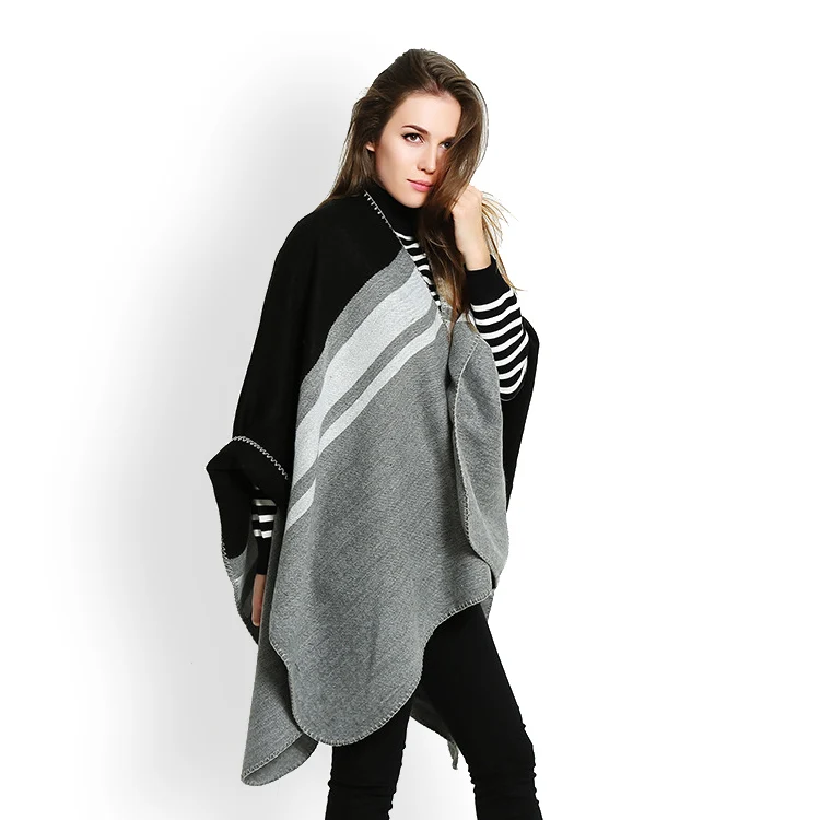 New fashion double side striped poncho scarves women blanket scarf lady